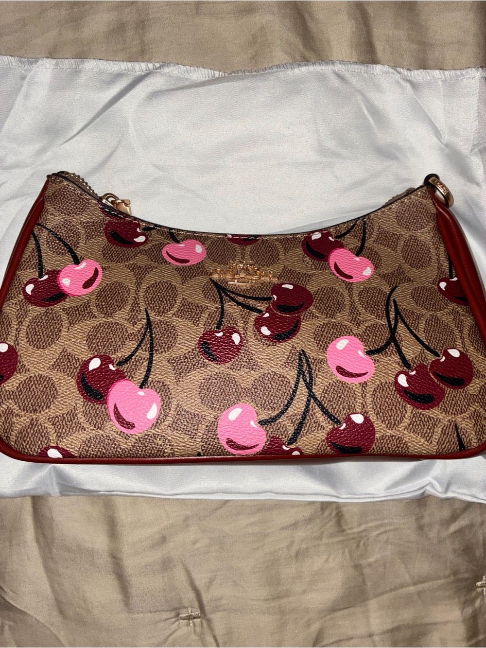 Coach Brown Signature Canvas Shoulder Bag with Pink and Burgundy Cherry Print
